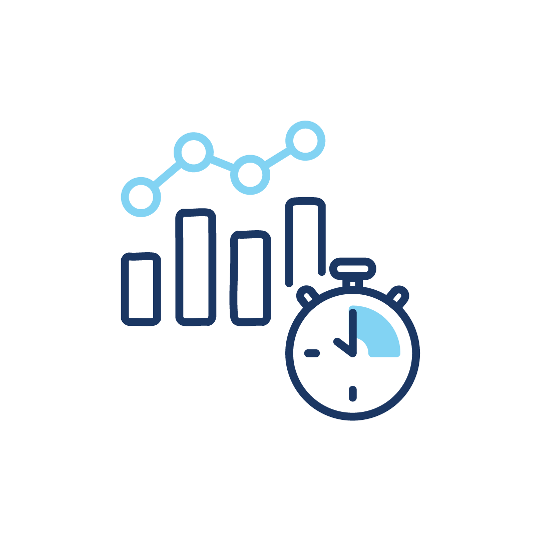Ein Symbol einer Stoppuhr und eines Diagramms auf weißem Hintergrund.