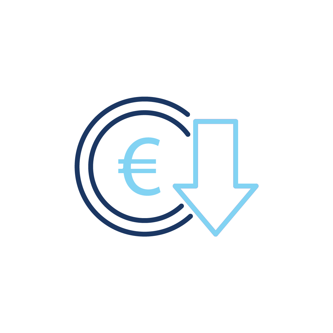 Ein Symbol eines Eurozeichens mit einem nach unten zeigenden Pfeil.