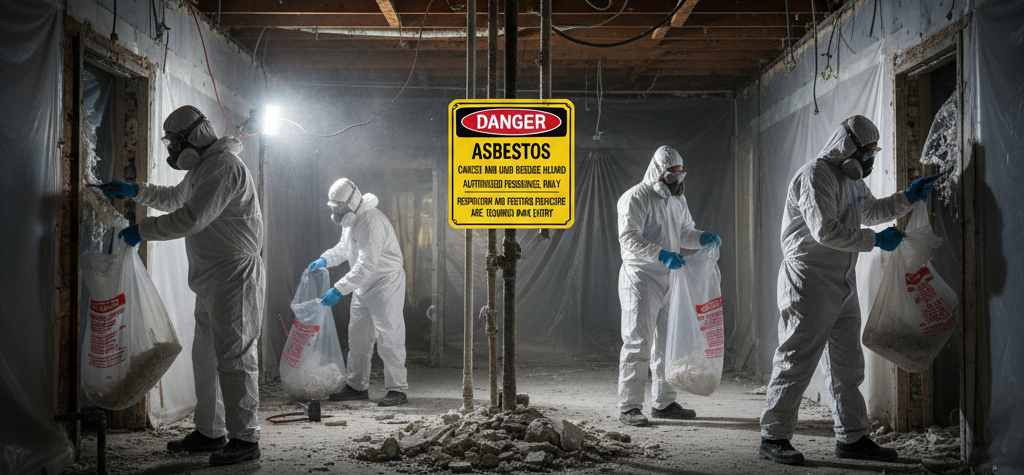 Workers in hazmat suits in an abandoned room, centered on a yellow asbestos warning sign.