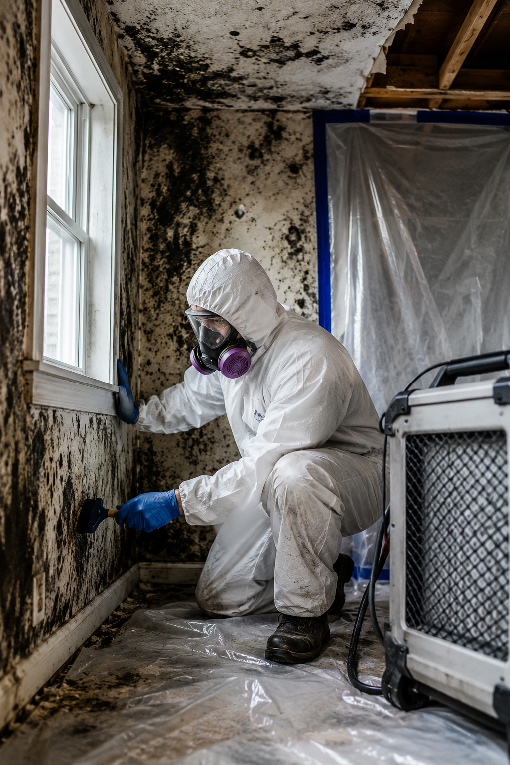 Worker in white protective suit scrapes a ceiling inside a narrow, tarp-covered hallway.