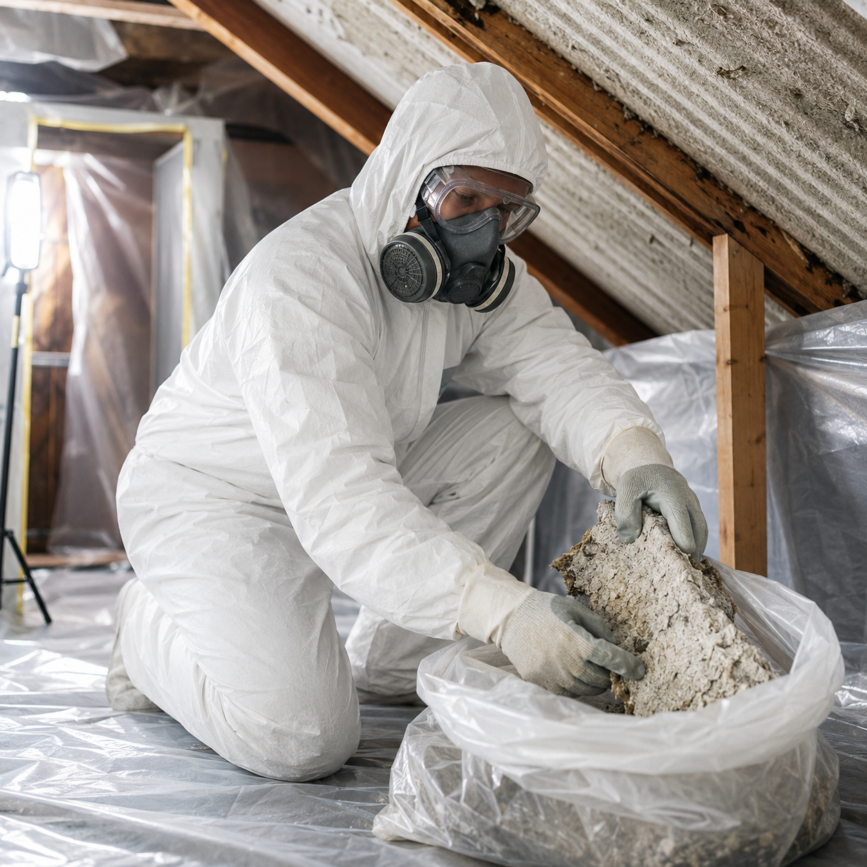 Worker in white protective suit and respirator handling insulation in an attic crawlspace