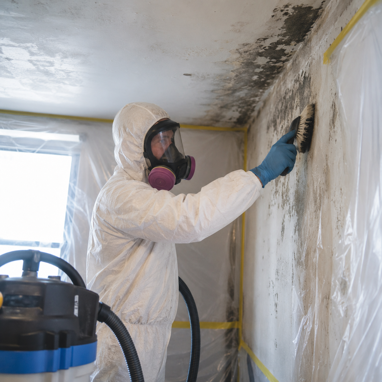 Person in hazmat suit and respirator standing in an industrial warehouse.