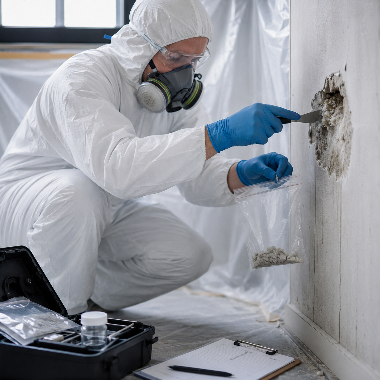 Technician in protective suit and mask inspecting mold damage on a wall with tools nearby