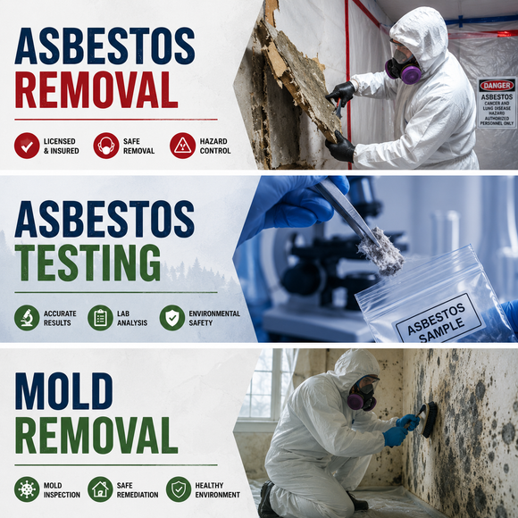 Asbestos removal, asbestos testing, and mold removal service ads with workers in protective suits