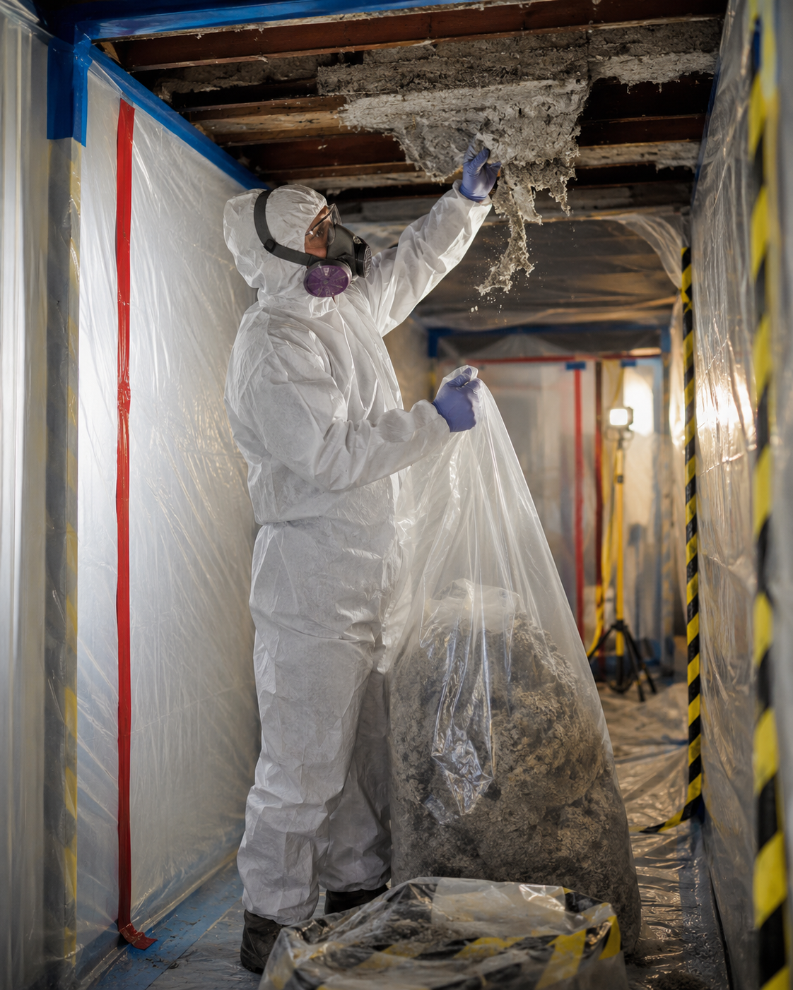 Worker in white protective suit scrapes a ceiling inside a narrow, tarp-covered hallway.