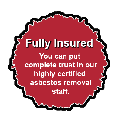 Red badge reading “Fully Insured” and “highly certified asbestos removal staff.”