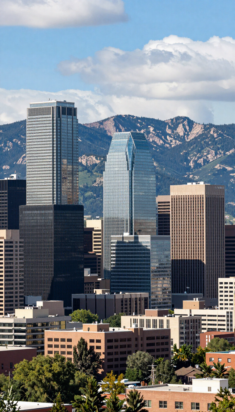 Downtown city skyline with modern glass skyscrapers in front of snowy mountains and blue sky