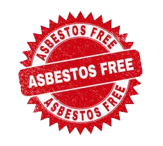 Red circular badge reading “ASBESTOS FREE” in white text on a red background