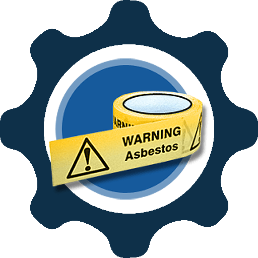 Warning asbestos tape over blue gear icon