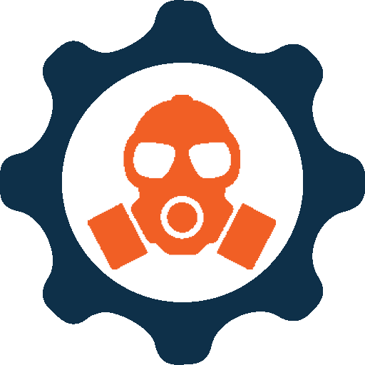 Orange gas mask icon inside a dark blue gear shape on a white background