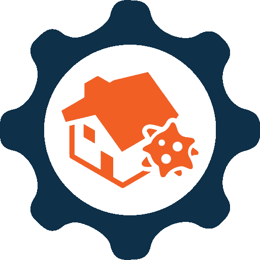 Orange house with gear inside a dark blue cog emblem on a white background