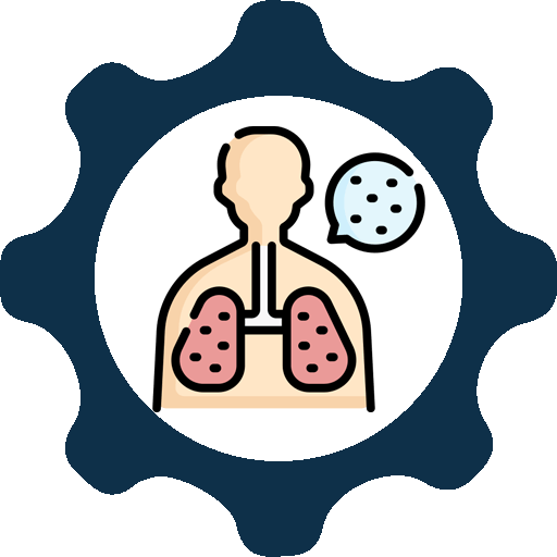 Lungs icon inside a dark blue gear, with a human torso and a dotted virus-like circle.