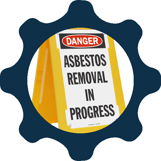 Blue gear icon framing a yellow warning sign reading “Danger: Asbestos Removal in Progress”