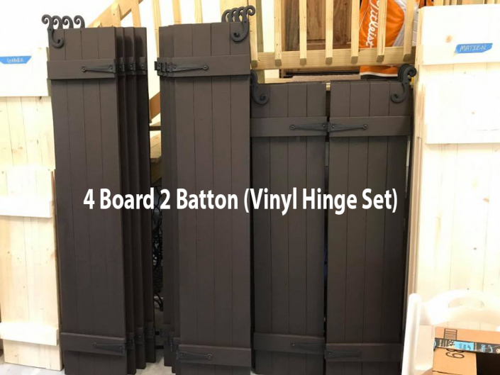 Dark vinyl fence gate set with white text reading “4 Board 2 Batton (Vinyl Hinge Set)”