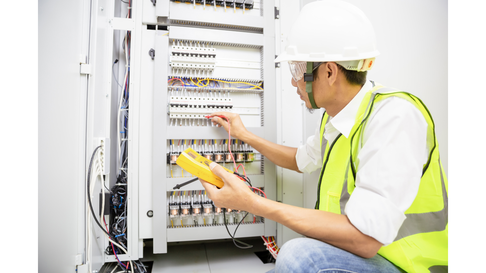 A man in a hard hat and safety vest is working on an electrical box.