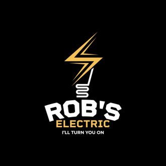 A logo for rob 's electric company with a lightning bolt on a black background.