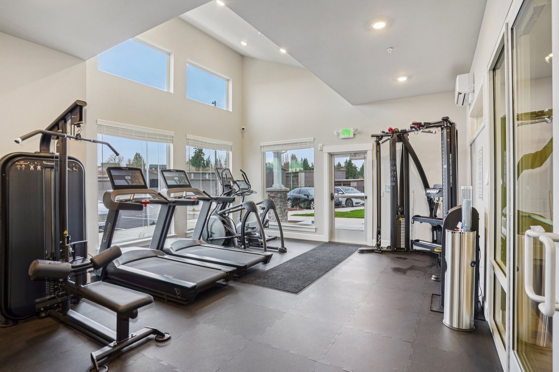 Bright home gym with treadmill, exercise bike, cable machine, and large windows