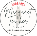 Logotipo para Margaret Teacher Language Academy con texto cursivo, una silueta y nombres de idiomas. Es un enlace a la página de inicio.