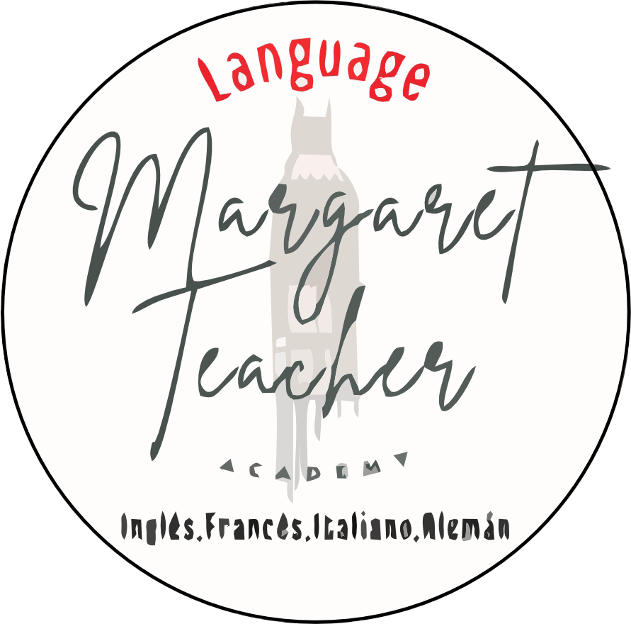 Logotipo para Margaret Teacher Language Academy con texto cursivo, una silueta y nombres de idiomas. Es un enlace a la página de inicio.