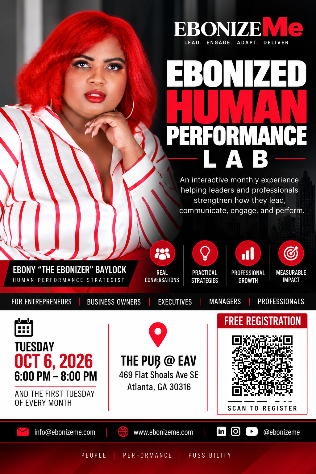 Red-and-white poster for an “Ebonized Human Performance Lab” event with a QR code and October 6, 2026 date.