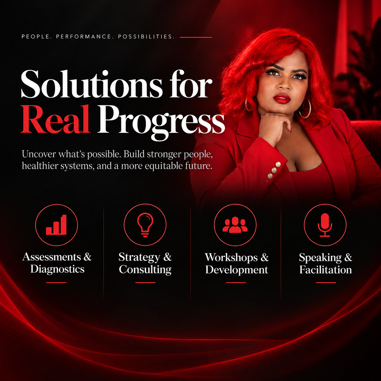 Promotional poster with red background, woman portrait, and services: assessments, strategy, workshops, speaking.