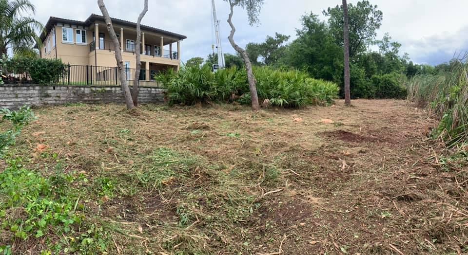 Cleared grassy lot beside a beige house and lush green vegetation under cloudy skies