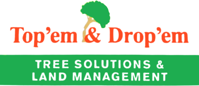 A logo for top em and drop em tree solutions and land management