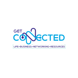 Logo for Get Connected: text in blue and purple, connected design, with 