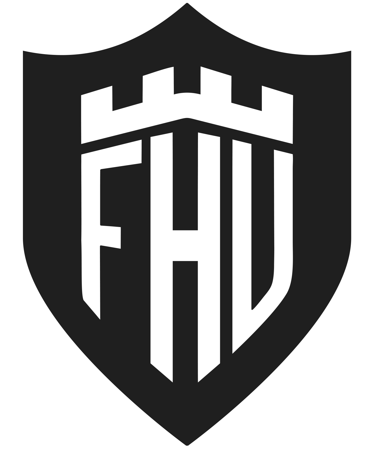 Black and white shield logo with the letters 