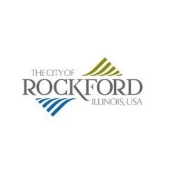 City of Rockford, Illinois logo with text and abstract blue and green shapes.