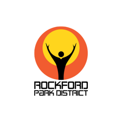 Rockford Park District logo: Black figure with raised arms in front of yellow circle inside an orange circle. Text reads 