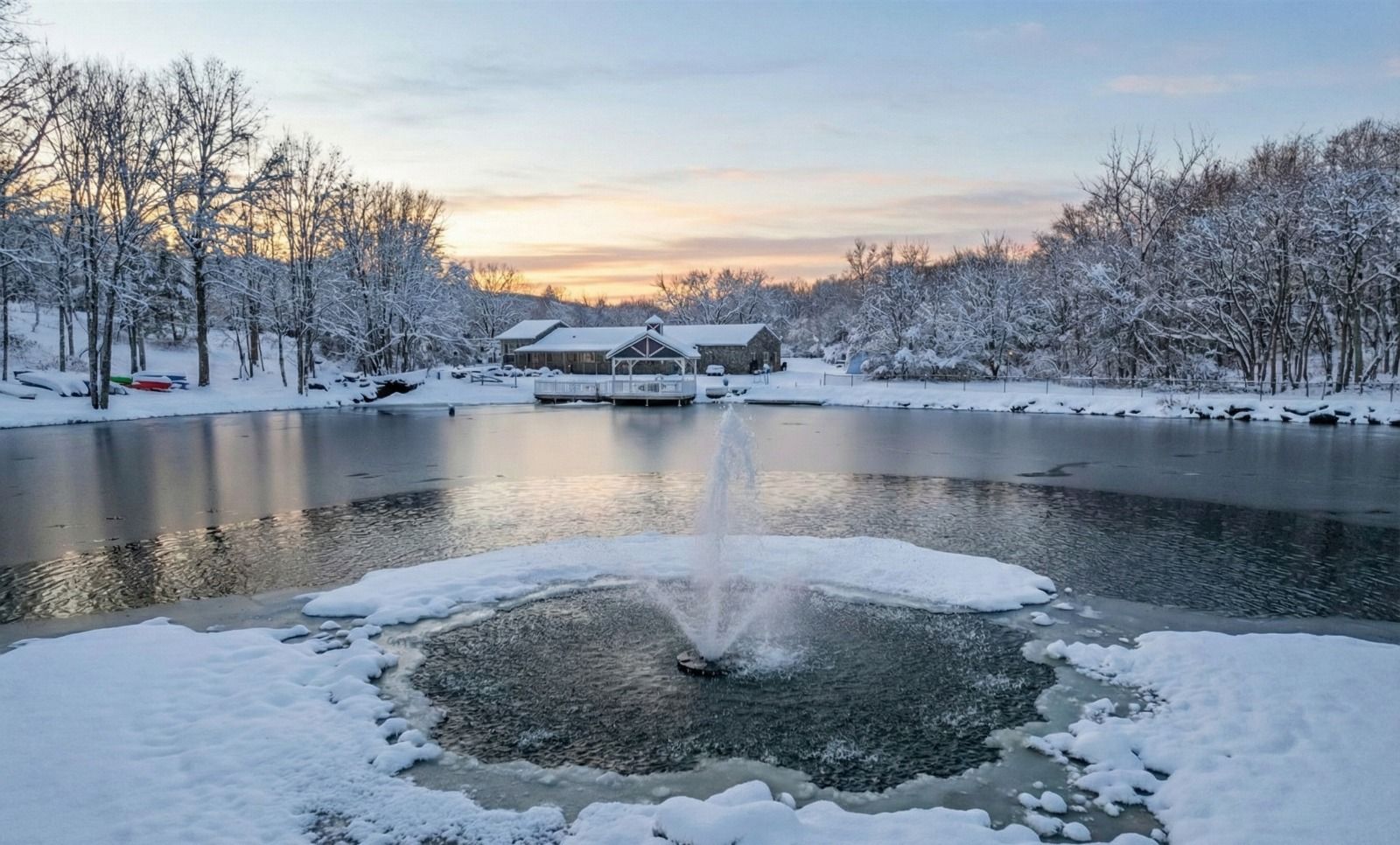Snowy pond at sunrise with a bubbling fountain and trees lining the shore
