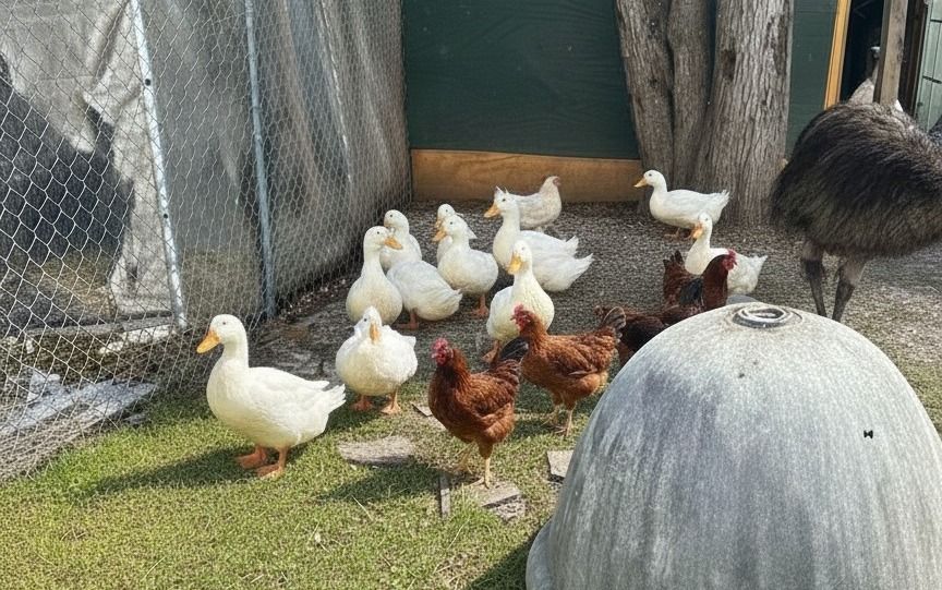 White ducks and brown chickens gathered on grass beside a wire fence and coop.