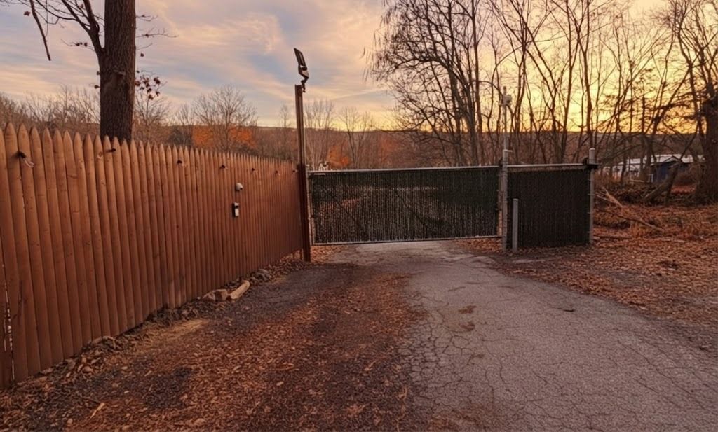Gravel driveway beside a wooden fence and shed at sunset in a leafless wooded area