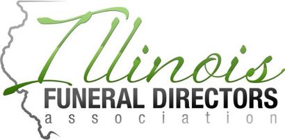 Illinois Funeral Directors Association logo in green and black with a leaf over an outline of Illinois