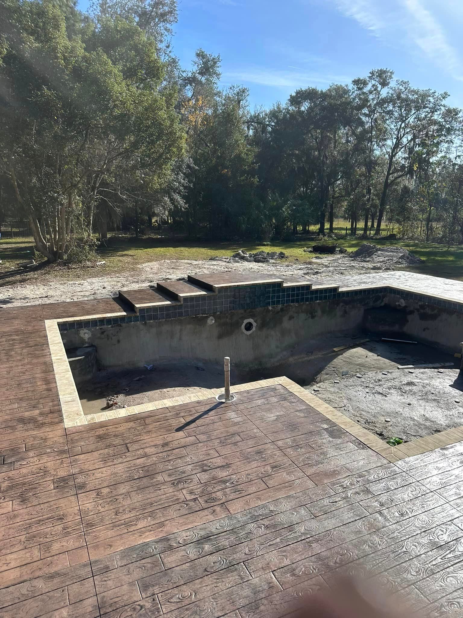 An empty swimming pool is surrounded by trees and dirt.