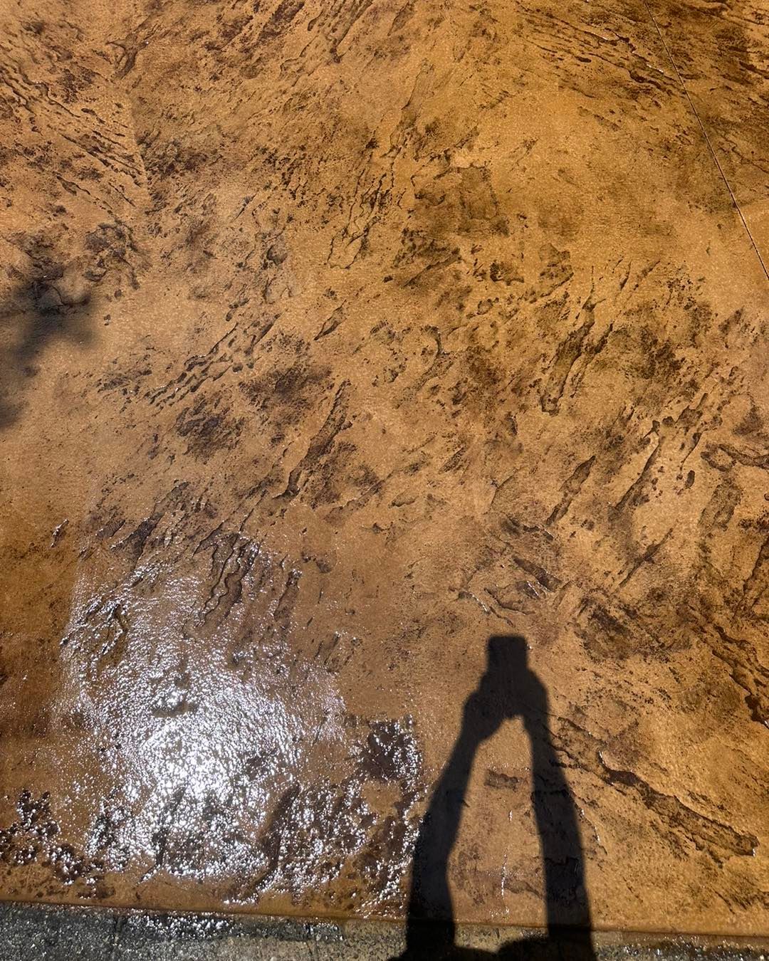 A person 's shadow is cast on a concrete surface.