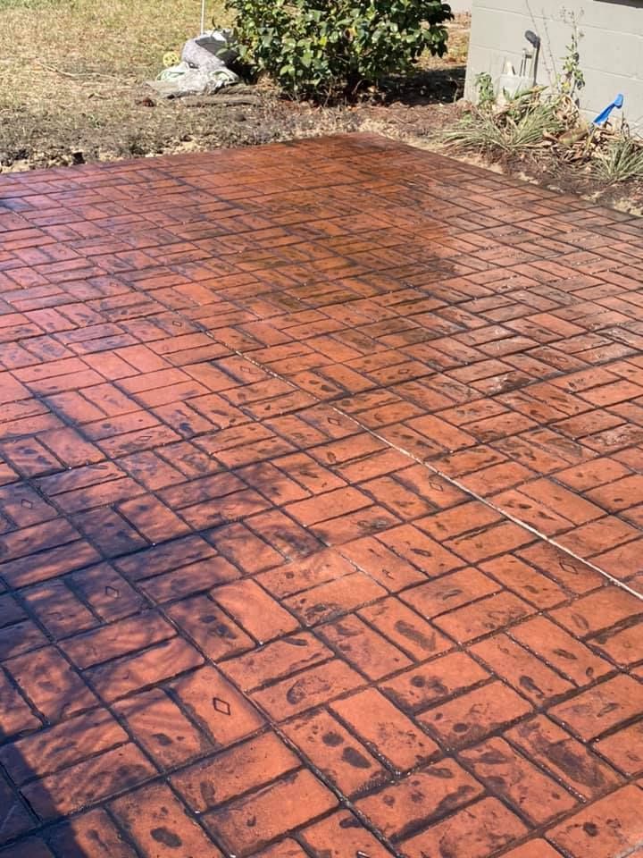 A brick driveway with a few plants in the background.