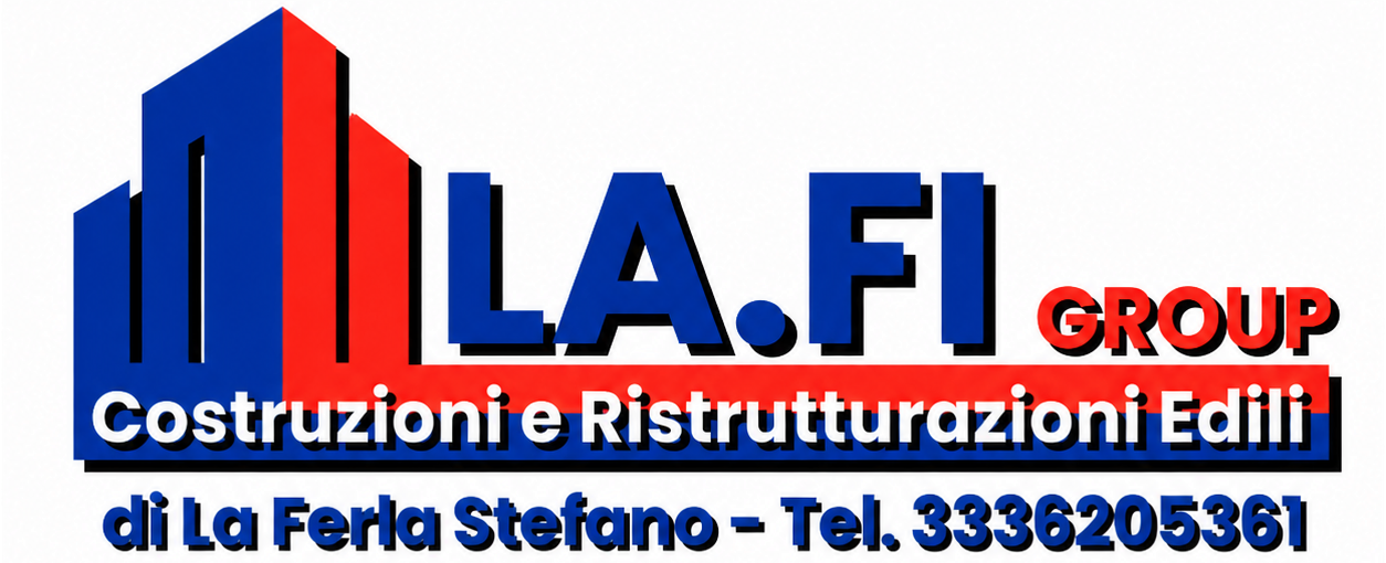 Logo blu e rosso “LA.FI GROUP” con testo “Costruzioni e Ristrutturazioni Edili” e contatti in basso