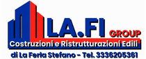 Logo blu e rosso “LA.FI GROUP” con testo “Costruzioni e Ristrutturazioni Edili” e contatti in basso