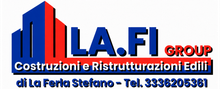 Logo blu e rosso “LA.FI GROUP” con testo “Costruzioni e Ristrutturazioni Edili” e contatti in basso