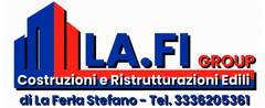 Logo blu e rosso “LA.FI GROUP” con testo “Costruzioni e Ristrutturazioni Edili” e contatti in basso