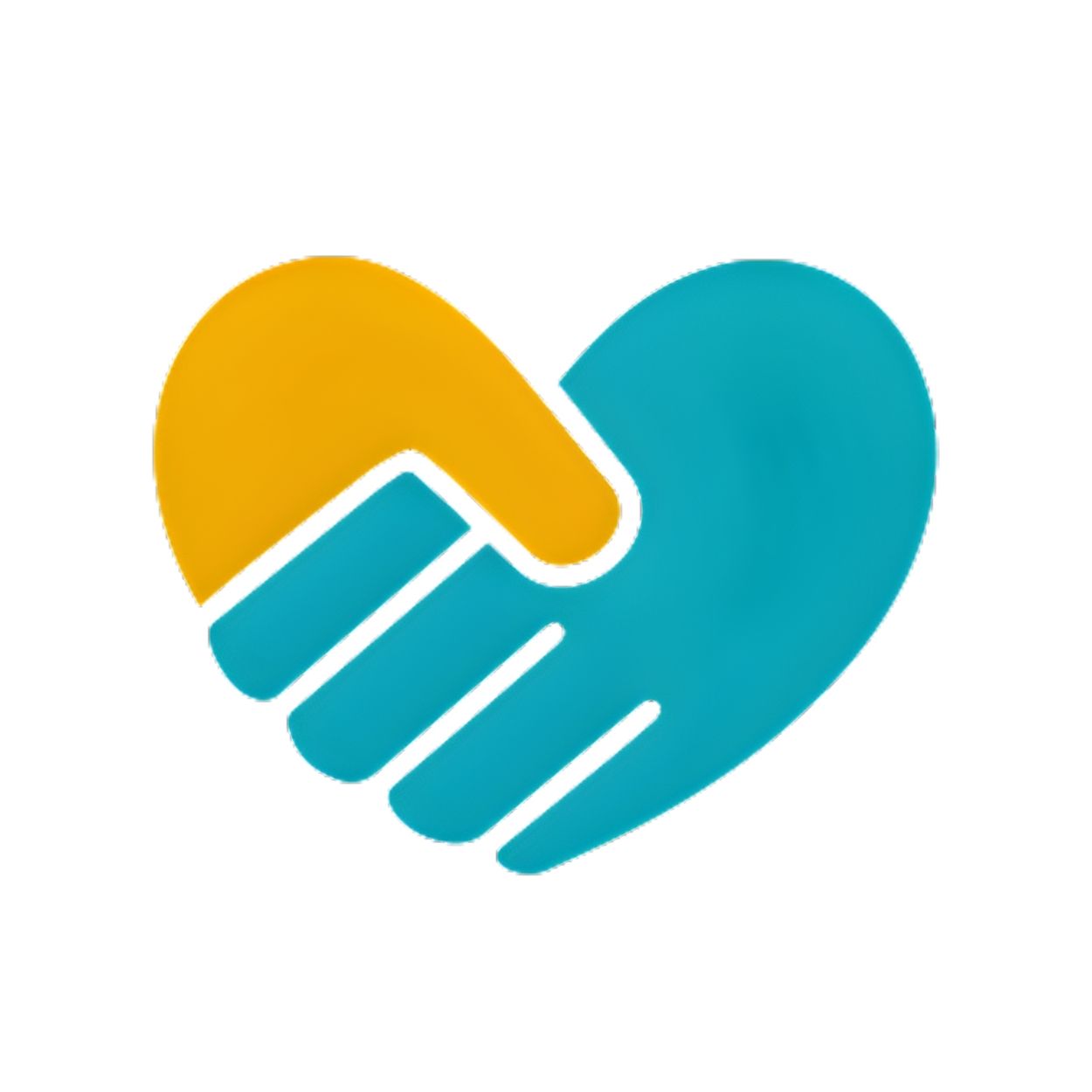 Stylized heart logo formed by two interlocking hands in teal and yellow