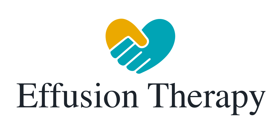 Logo for Effusion Therapy featuring a golden and teal handshake forming a heart shape above the text.