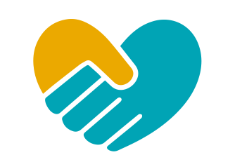 A yellow hand and a teal hand shaking, forming the shape of a heart.