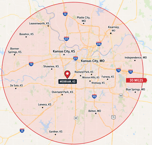 Map of Kansas City area with a red 20-mile radius circle centered on Midtown, KS.