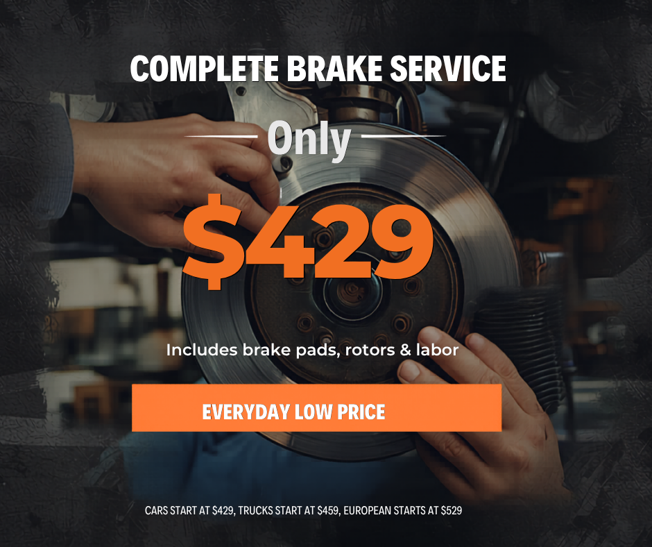 Brake service ad with hands working on a brake rotor, “Only $429” and “Includes brake pads, rotors & labor”