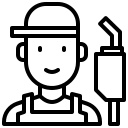 Cartoon plumber in a cap holding a wrench, next to a pipe icon.