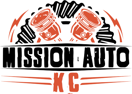 Mission Auto KC logo with orange piston graphics and bold black text