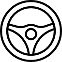 Black outlined steering wheel icon inside a circle on a white background